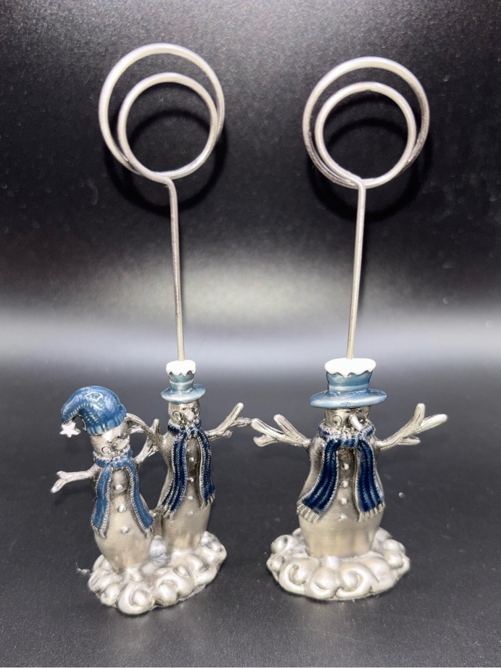 Set of 2 Pewter Snowman Photo Note Holders Christmas Holiday